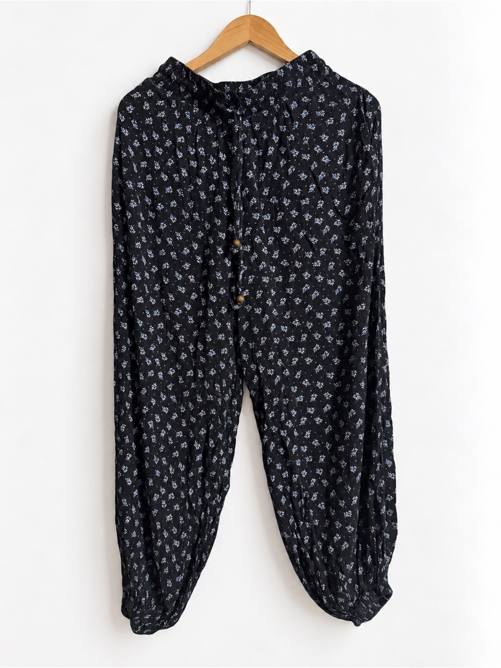 Three Bird Nest Black Floral Harem Pants with Blue Print